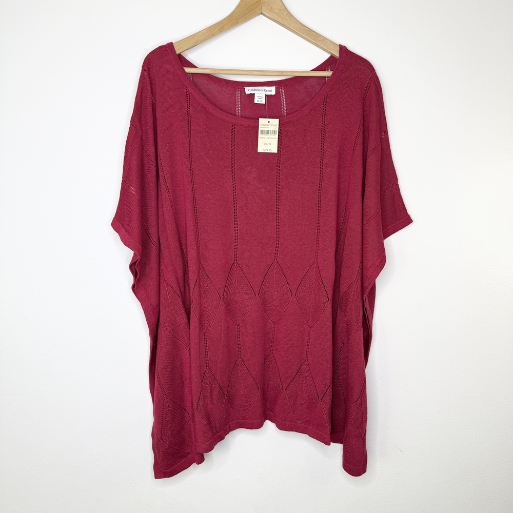 NWT Coldwater Creek Bateau Linen Blend Poncho Red Short Sleeve Sweater XL/1X